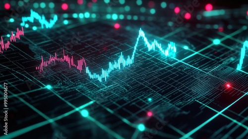 Abstract digital finance chart showcasing stock market trends with vibrant neon colors and grid patterns.