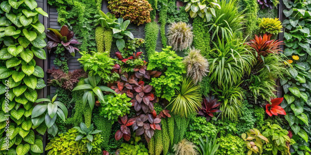 A lush vertical garden panel displaying a diverse collection of vibrant green plants, creating a natural and refreshing backdrop perfect for home decor. A lush vertical garden panel displaying a diverse collection of vibrant green plants, creating a natural and refreshing backdrop perfect for home decor.