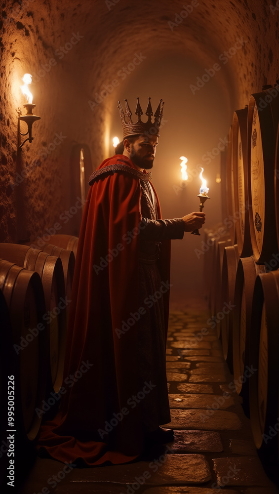 Naklejka premium A regal figure in a dimly lit cellar, holding a torch, evokes a sense of mystery and history. Perfect for fantasy book covers, theatrical promotions, or and wine marketing visuals
