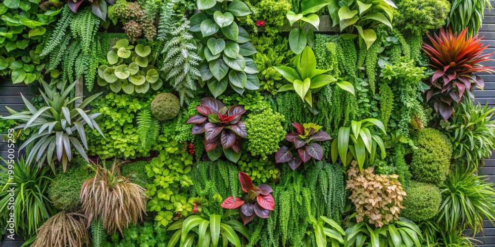 Fototapeta premium A lush vertical garden panel displaying a diverse collection of vibrant green plants, creating a natural and refreshing backdrop perfect for home decor.