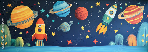 Colorful cartoon space illustration featuring rockets, planets, stars, and a vibrant outer space scene.