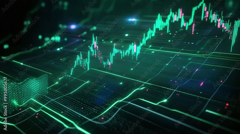 Abstract digital financial chart with glowing green lines and data points on a dark background. Abstract digital financial chart with glowing green lines and data points on a dark background.