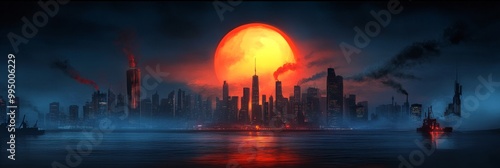 A futuristic city skyline silhouetted against a massive, glowing red moon. Towers reach for the sky, and the city reflects the moon's fiery glow in the water, creating a breathtaking spectacle of urba photo