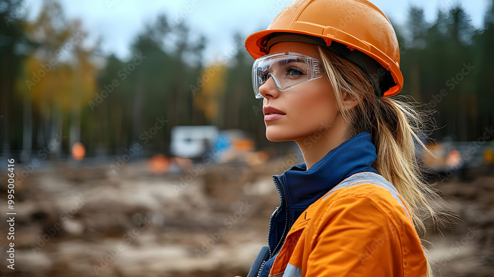 Woman in Hard Hat and Safety Glasses Looking at Construction Site Woman in Hard Hat and Safety Glasses Looking at Construction Site