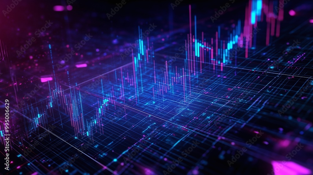 Abstract digital financial chart with vibrant neon colors showcasing data trends and market fluctuations. Abstract digital financial chart with vibrant neon colors showcasing data trends and market fluctuations.