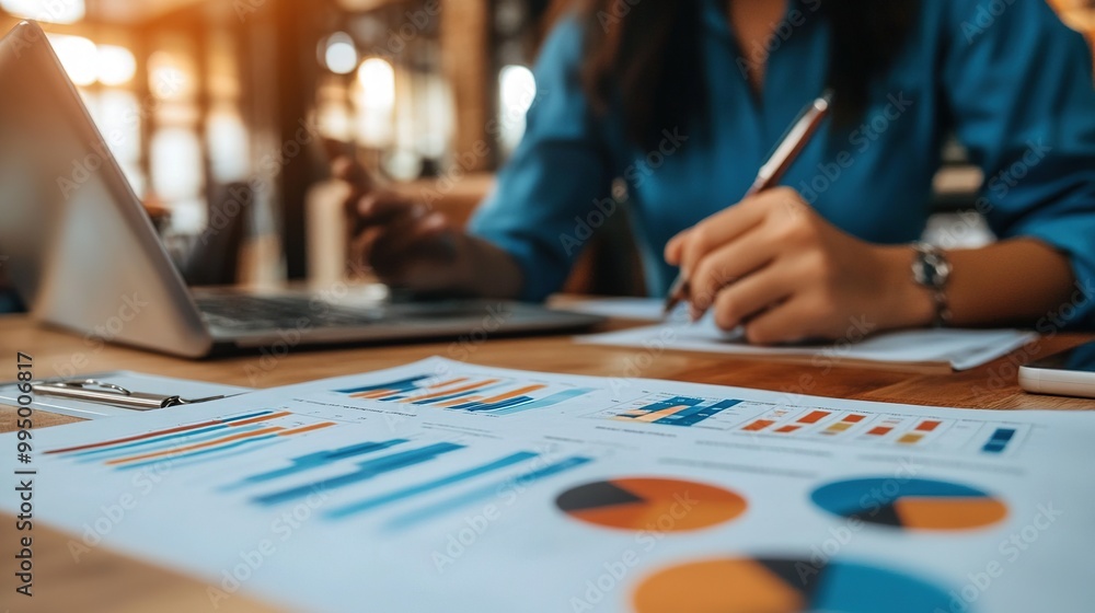 A person analyzes data and charts while working on a laptop, highlighting business analysis and productivity in a modern workspace. A person analyzes data and charts while working on a laptop, highlighting business analysis and productivity in a modern workspace.