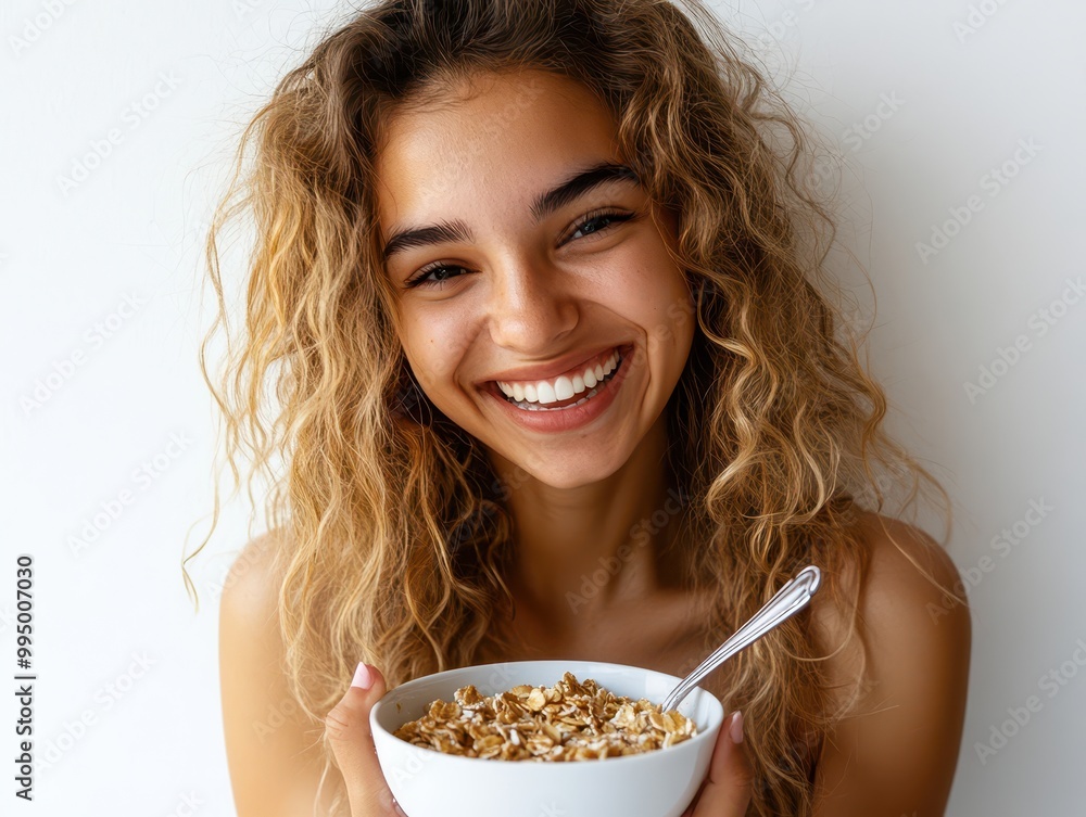Smiling woman eating a bowl of oatmeal, clean white background, wellness and morning routine Smiling woman eating a bowl of oatmeal, clean white background, wellness and morning routine