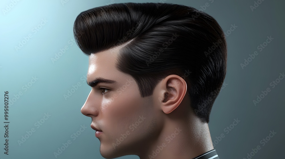 Men hard part pompadour with slicked-back sides, hyper real, high quality, sharp images, graphic, illustration Men hard part pompadour with slicked-back sides, hyper real, high quality, sharp images, graphic, illustration
