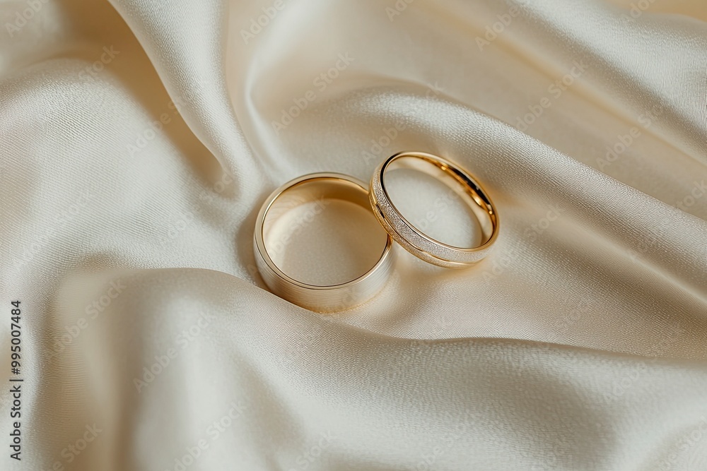 Two gold classic wedding rings lie on a chic satin fabric with soft pleats. wedding background. Layout for the designer and product advertising.generative ai Two gold classic wedding rings lie on a chic satin fabric with soft pleats. wedding background. Layout for the designer and product advertising.generative ai