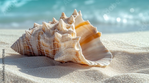 A close-up of a conch shell resting on the sandy beach, capturing the intricate details and textures of the shell.