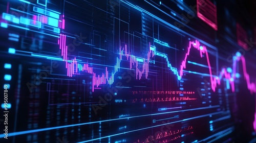 Abstract digital financial data visualization with glowing graphs on dark background.