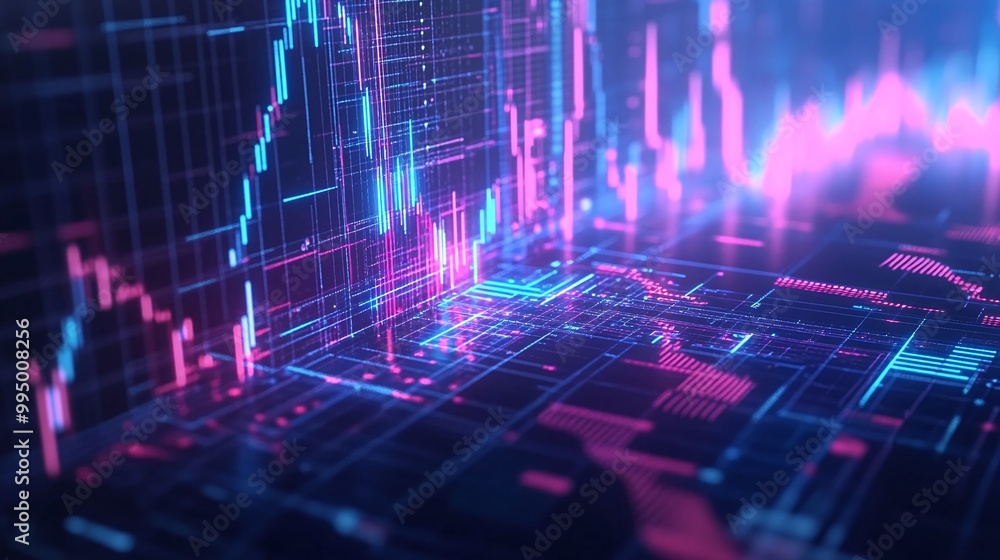 Abstract digital financial data visualization with vibrant colors and dynamic graphs, illustrating stock market trends. Abstract digital financial data visualization with vibrant colors and dynamic graphs, illustrating stock market trends.