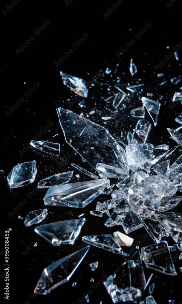 Shattered glass pieces scattered on a dark surface.