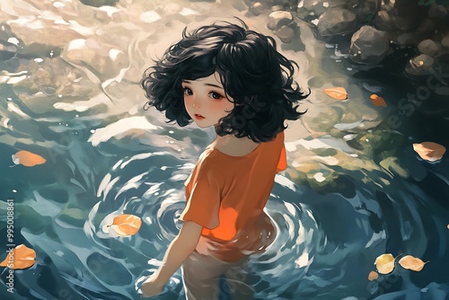 An animestyle girl with short hair, standing in the middle of a shallow river, her toes touching the flowing water, with leaves floating around. photo