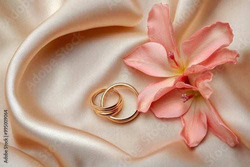 Two gold engagement rings and pink astromeria flower on a beige satin background. Wedding background. generative ai photo