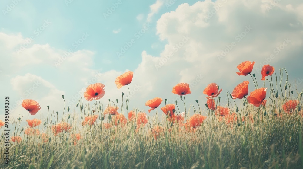 Obraz premium A field of red poppies swaying gently in the breeze, their delicate petals creating a striking contrast against a blue sky.
