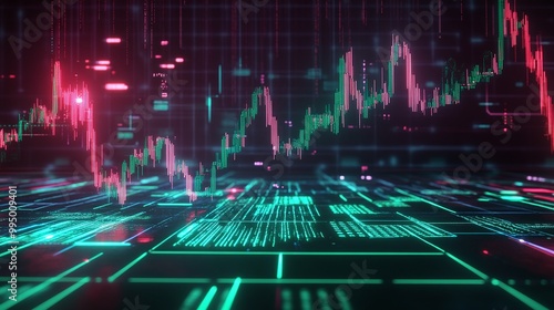 Abstract digital financial graph with glowing lines and data points on a dark background, symbolizing market trends and analytics.