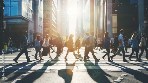 Urban Commuters Crossing Street at Sunrise in Bustling Cityscape photo