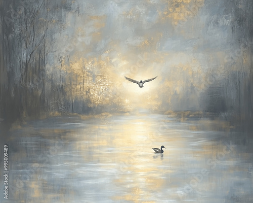 Ducks At Daybreak, Hunting Scenes, Waterfowl, Pond, Lake, Flying Ducks, Sitting Ducks, Ducks In Water, Beautiful Animals, Heavenly, Dreaming Impressionistic Painted Illustration,  Gold Foil Detail photo