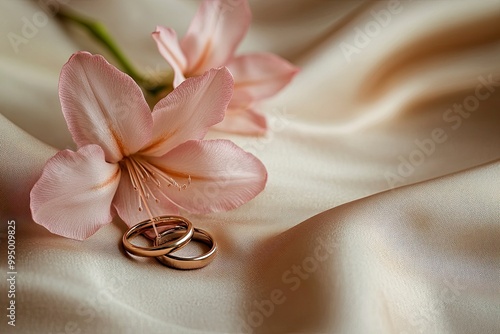 Two gold engagement rings and pink astromeria flower on a beige satin background. Wedding background. generative ai photo