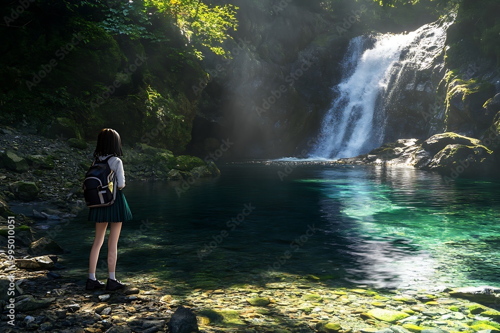 A 3D school girl standing at the edge of a forest, looking out at a picturesque waterfall cascading into a crystalclear pool. A 3D school girl standing at the edge of a forest, looking out at a picturesque waterfall cascading into a crystalclear pool.
