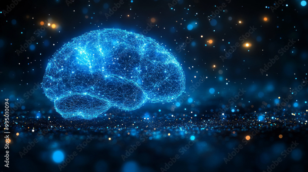 Abstract digital brain illustration with a glowing blue light. Abstract digital brain illustration with a glowing blue light.