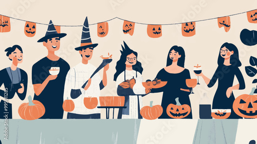 Vector of group of people sharing on a Halloween table with food, drinks and customs
