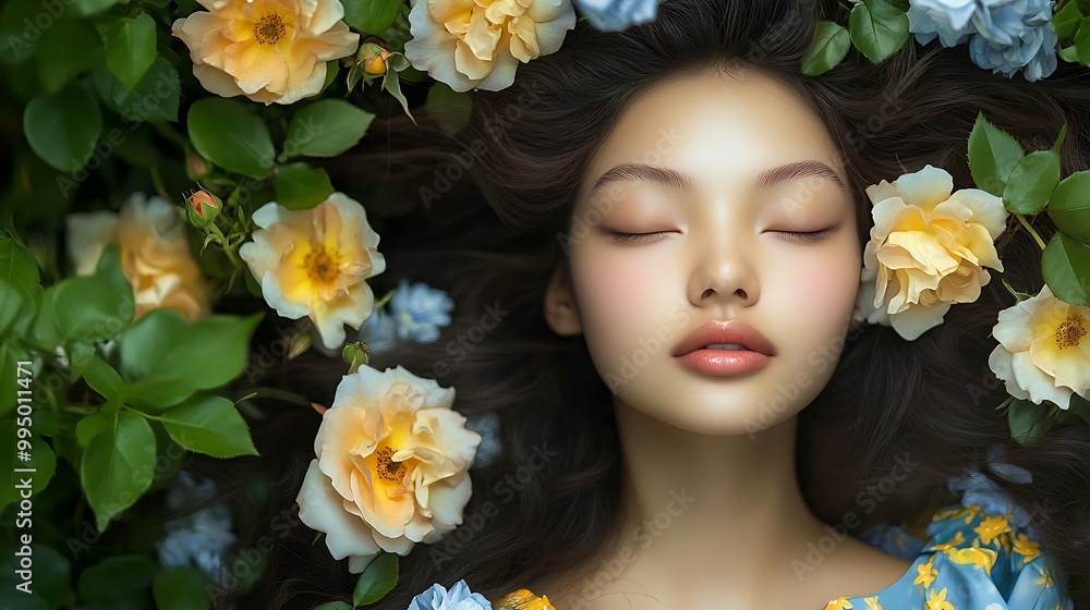 A portrait of a woman with closed eyes, her hair intertwined with blooming roses and delicate greenery, creating a harmonious blend of beauty and nature A portrait of a woman with closed eyes, her hair intertwined with blooming roses and delicate greenery, creating a harmonious blend of beauty and nature