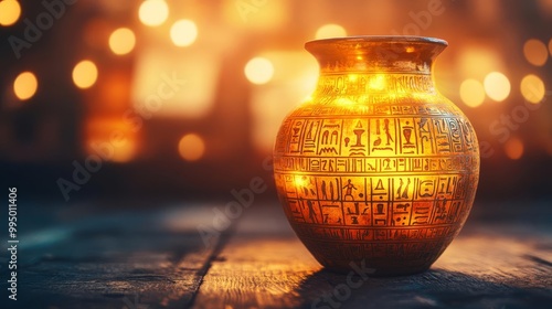 Golden ancient jar with hieroglyphs, Egyptian culture, glowing aura, ancient relic, mystical ambiance photo