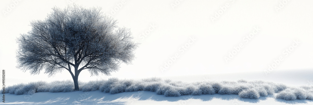 Fototapeta premium A lone tree stands tall in a field covered in frost.