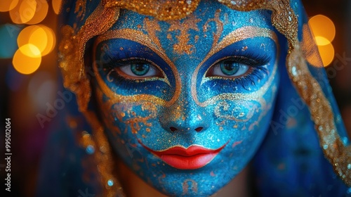 Close-up Portrait of a Woman with Blue and Gold Makeup