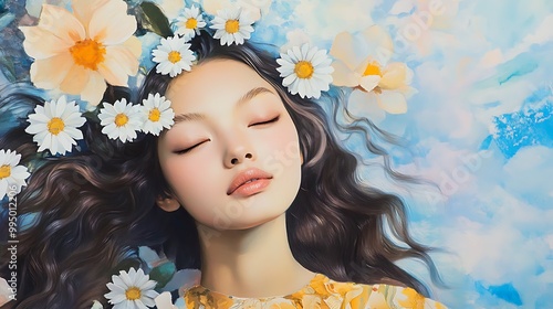 A whimsical portrait of a woman with daisies blooming from her hair, her expression joyful, with a lighthearted background full of pastel colors