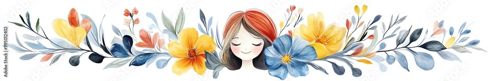 Naklejka premium Abstract modern banner design with a friendly clean, artistic, floral style there is a happy fece centralized in the illustration. 6:1