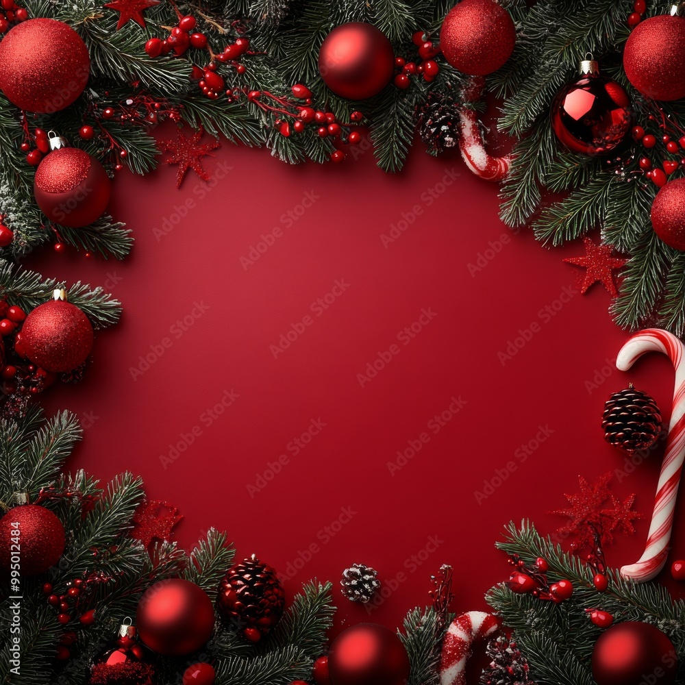 キャンディーケーンで飾られた赤いクリスマスの背景 キャンディーケーンで飾られた赤いクリスマスの背景