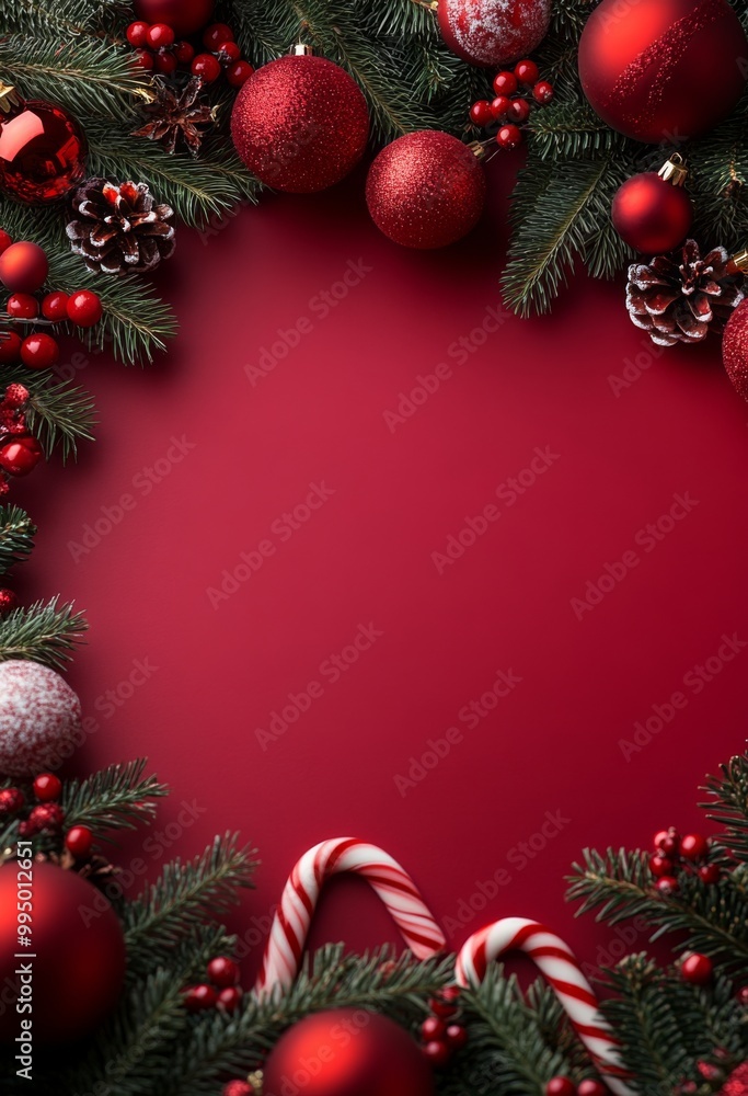 キャンディーケーンで飾られた赤いクリスマスの背景 キャンディーケーンで飾られた赤いクリスマスの背景