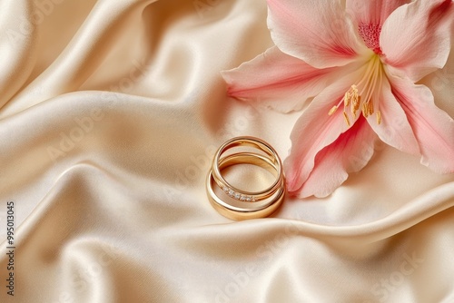 Two gold engagement rings and pink astromeria flower on a beige satin background. Wedding background. generative ai photo