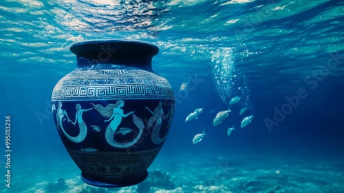 Greek ancient jar with Nereid mermaids, submerged underwater, fish swimming around