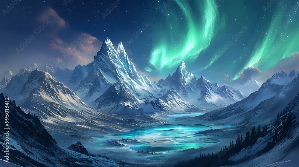 Obraz premium Snow-capped peaks loom over a vast tundra dotted with icy lakes and sparse trees as the northern lights swirl in the sky creating an ethereal glow