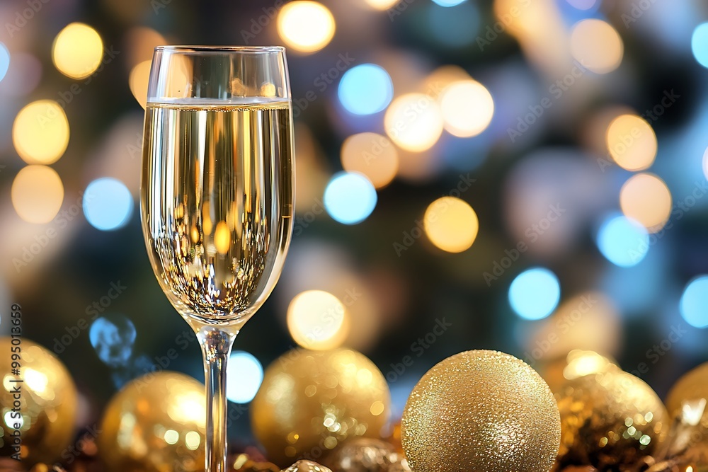 A glass of festive champagne with a sparkling background and colorful New Years decorations A glass of festive champagne with a sparkling background and colorful New Years decorations