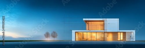 A modern luxury house with large windows and an architectural blueprint overlaid, showcasing its sleek design. The house is bathed in warm evening light against a serene blue sky.