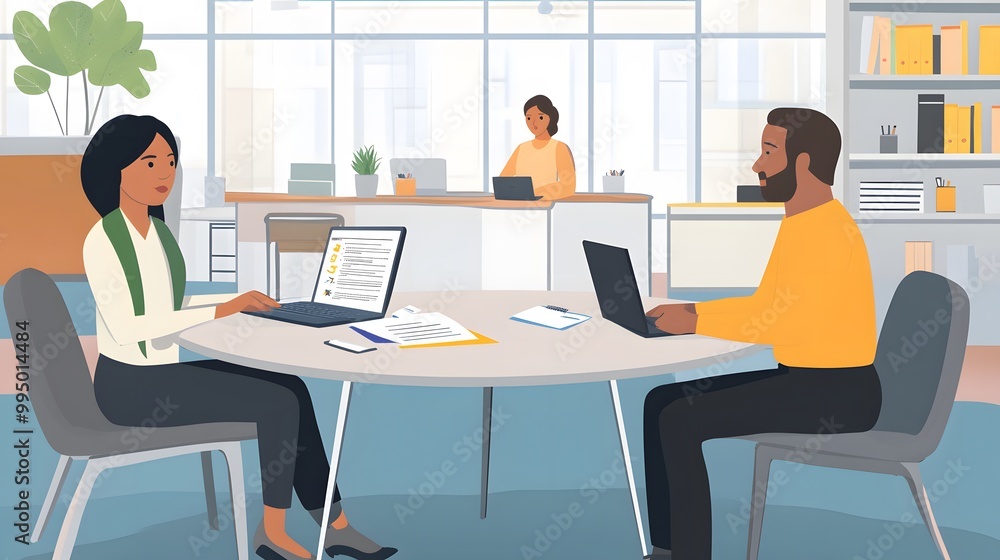 Two People Working at a Table in an Office Setting Two People Working at a Table in an Office Setting