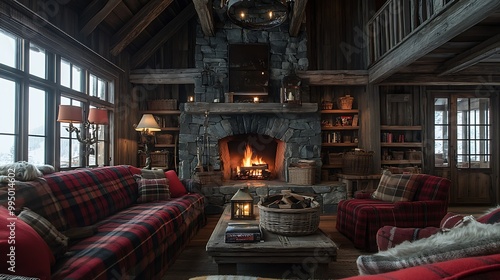 Cozy rustic living room with a stone fireplace.