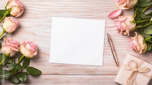 Blank cards, placed on wooden wedding table with roses and luxury pen, wedding desk layout, 16:9 