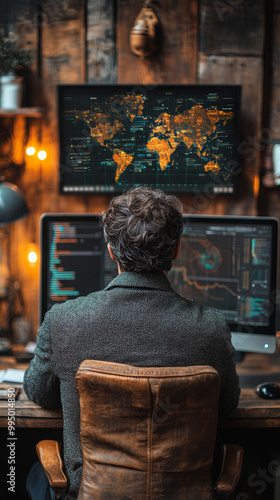 A man works at his computer in a dark, rustic office.