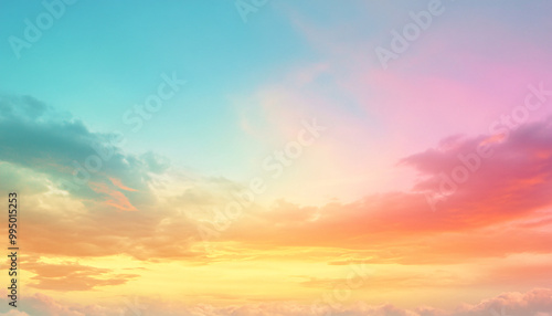 A dreamy sky transitioning from a golden sunset to a full spectrum of rainbow colors, giving off a vibrant yet calming feel