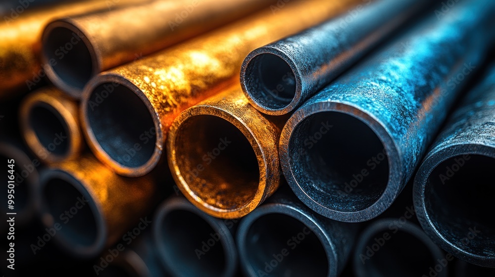 Close-up of metallic pipes in various colors and textures. Close-up of metallic pipes in various colors and textures.