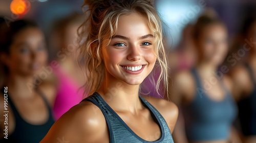 Smiling Woman in a Fitness Class, Health and Wellness