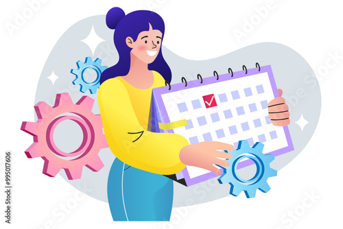 woman holding a calendar. Time management, timing, self organization, business planning. Deadlines, day schedule planning business plan, events, reminder and timetable. vector people illustration.