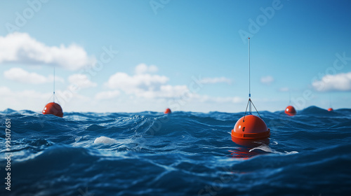 An educational illustration showing a diagram of tsunami warning systems, with buoys and sensors in the ocean, clear blue water and sky, calm and informative atmosphere, promoting awareness safety