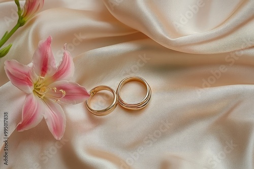 Two gold engagement rings and pink astromeria flower on a beige satin background. Wedding background. generative ai photo